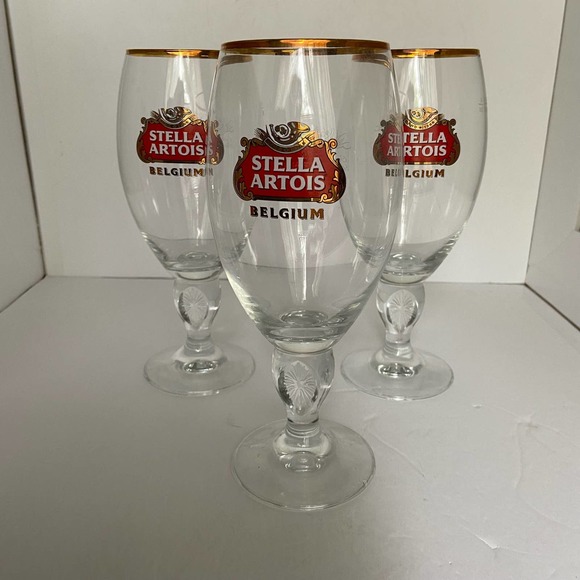 3 Stella Artois Beer Belgium Glass Stem Chalice Bar Ware Man Cave Glasses - Picture 1 of 6